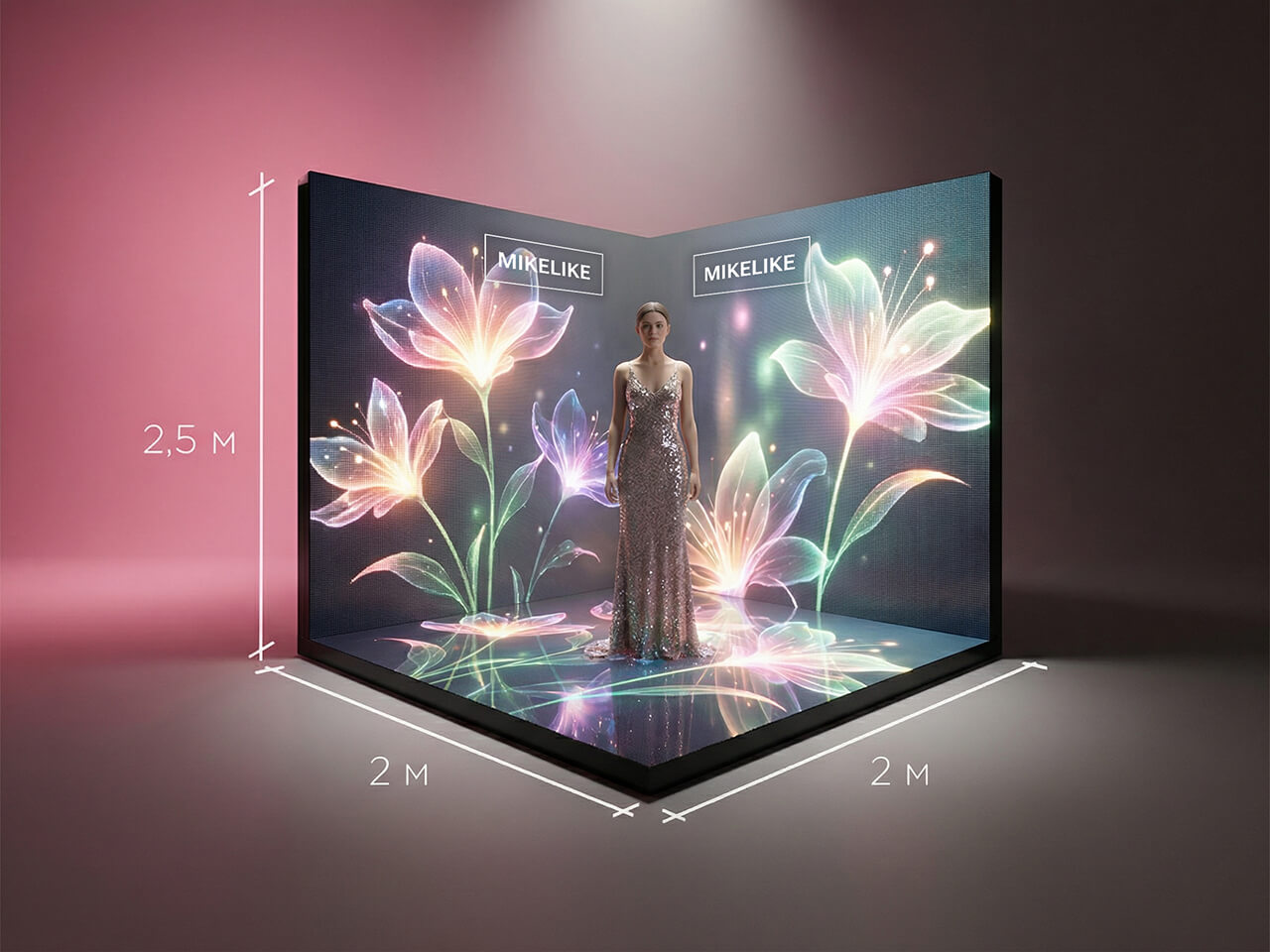Схема с размерами LED фотозоны угловой формы с зеркальным полом